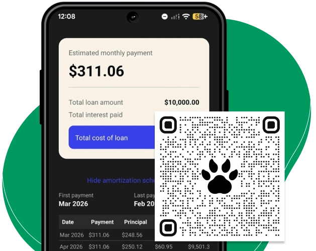 A smartphone screen shows a loan calculator app with a monthly payment of $311.06 for a $10,000 loan. A QR code with a Cash Loans Bear logo is displayed in the foreground.