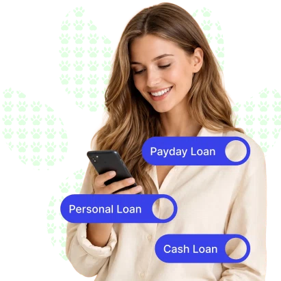 A woman with long, wavy hair is holding a smartphone while looking at the screen. The background features Cash Loans Bear logo, and three labeled options: "Payday Loan," "Personal Loan," and "Cash Loan" displayed prominently.