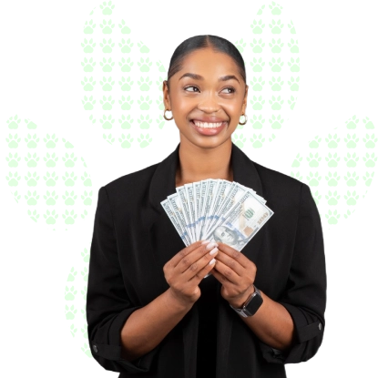 Young woman holding a money and smiling, on a white background with a paw print pattern.