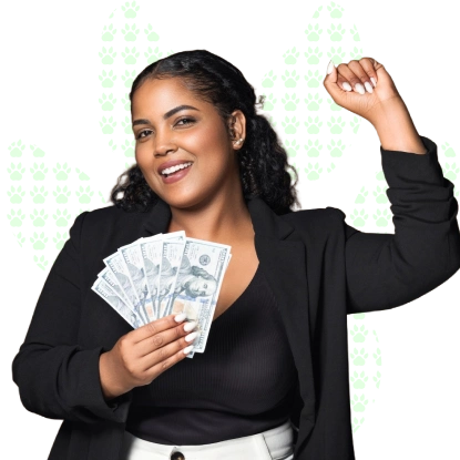 Smiling young woman with curly hair holding her hand up in the air and money, on a white background with a paw print pattern.