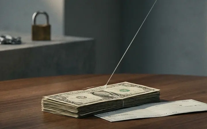 A stack of cash and a check from a payday loan sit on a round wooden table, with a wire connected to the cash; a padlock rest on a stone pedestal in the background.