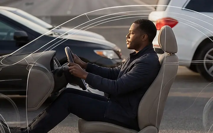 Driver holding a steering wheel inside the faint outline of a car in heavy traffic