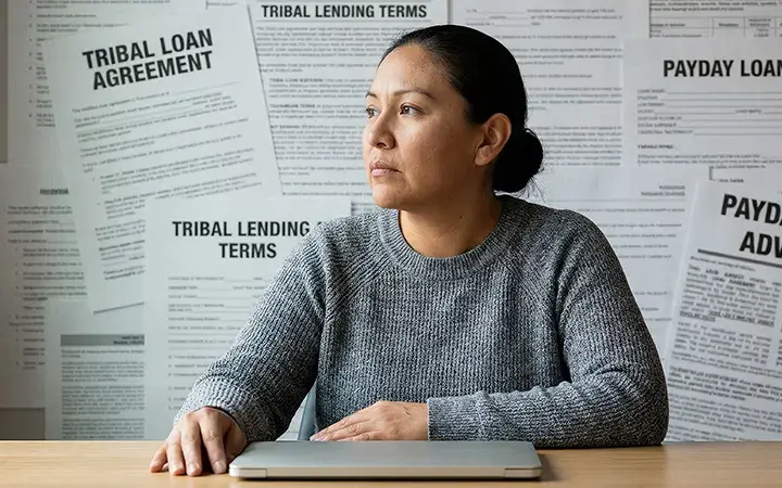 A woman in a gray sweater looks pensively out a window, various loan agreement papers are behind her.