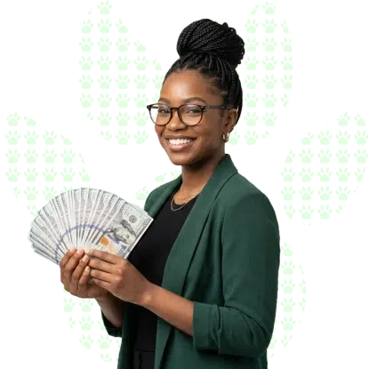 A happy business-dressed woman wearing glasses smiling while holding cash in her hands